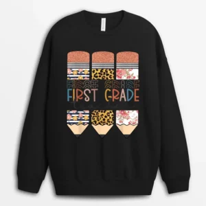 First Grade Teacher Funny Leopard Pencil Back To School Sweatshirt - Black