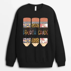 Fourth Grade Teacher Funny Leopard Pencil Back To School Sweatshirt - Black