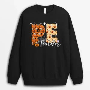 Funny PE Teacher Halloween Costume Pumpkin Fall Skeleton Sweatshirt - Black