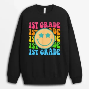 Groovy First Grade Vibes Face Retro Teachers Back To School Sweatshirt - Black