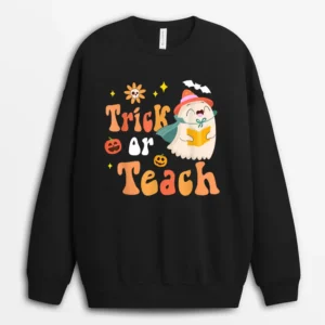 Groovy Halloween Trick Or Teach Retro Floral Ghost Teacher Sweatshirt - Black