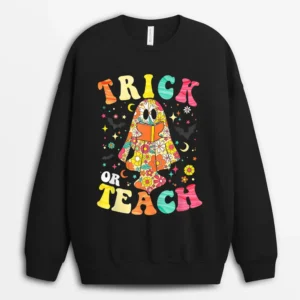 Groovy Halloween Trick Or Teach Retro Floral Ghost Teacher Ver 2 Sweatshirt - Black