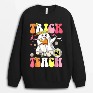 Groovy Halloween Trick Or Teach Retro Floral Ghost Teacher Ver 3 Sweatshirt - Black