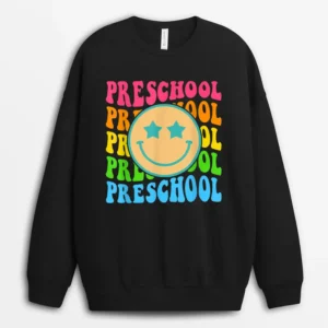 Groovy Preschool Vibes Face Retro Teachers Back To School Sweatshirt - Black