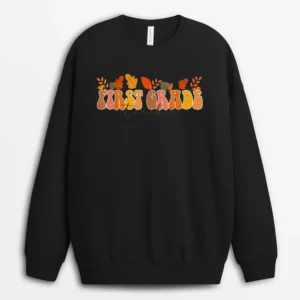 Groovy Retro First Grade Teacher Vintage Fall Leaves Autumn Sweatshirt - Black