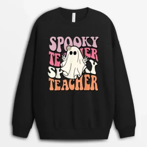 Groovy Retro Halloween Spooky Teacher Trick Or Teach Teacher Sweatshirt - Black