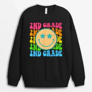 Groovy Second Grade Vibes Face Retro Teachers Back To School Sweatshirt - Black