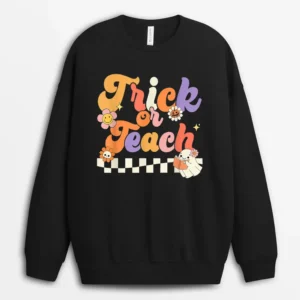 Halloween Trick Or Teach Retro Groovy Teacher Hippie Ghost Ver 1 Sweatshirt - Black