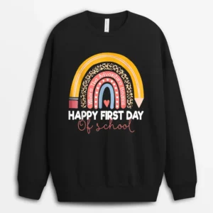 Happy First Day Of School Rainbow Leopard Teacher Student Sweatshirt - Black