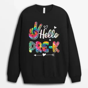 Hello Pre-K Tie Dye Leopard Graphic Back To School Teachers Sweatshirt - Black