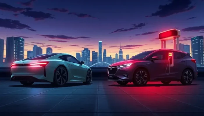 Electric and gasoline cars illustrated as anime characters, with a futuristic city as their backdrop.