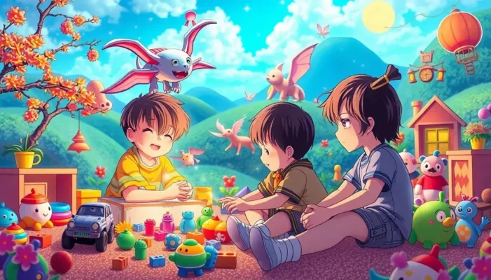 Children playing with toys that transform into magical, anime-like creatures and objects.