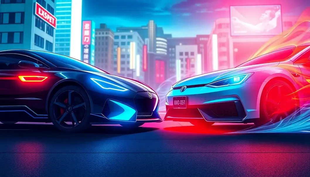 Electric and gasoline vehicles depicted as anime heroes.