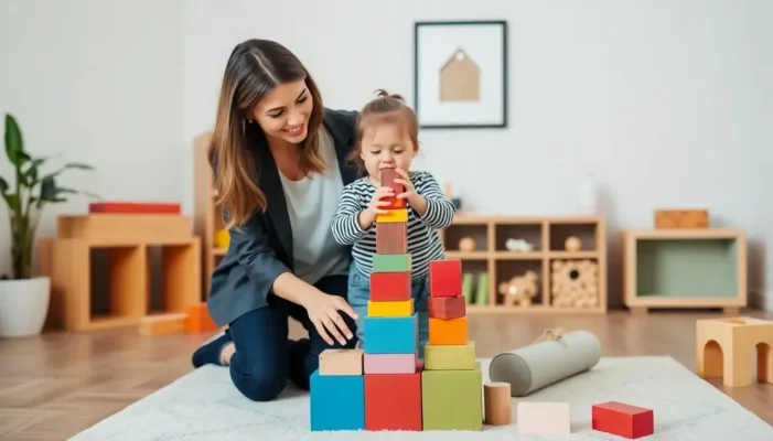 A mother dressed in fashionable attire engaging with her child in a stylish and safe playroom.