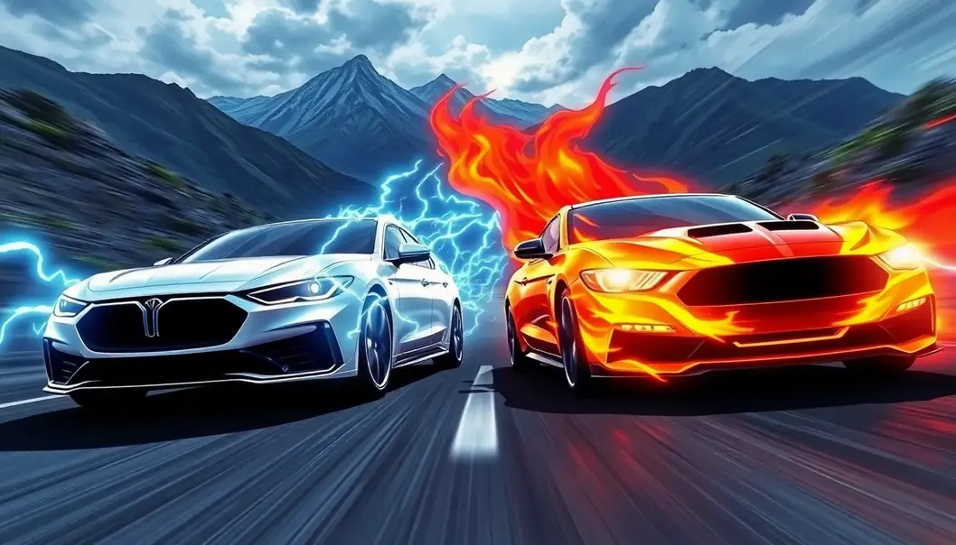 Electric and gasoline vehicles depicted as anime heroes.