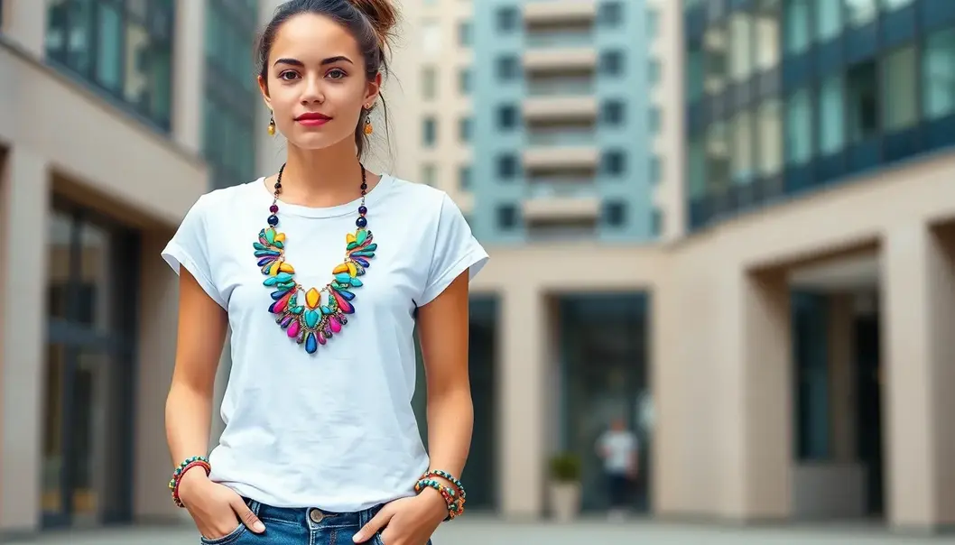 A teenager masterfully balances a bold necklace and vibrant bracelets with a casual outfit.