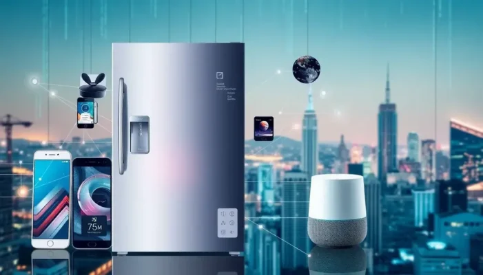 A collage of interconnected smart devices with digital lines and a cityscape background.