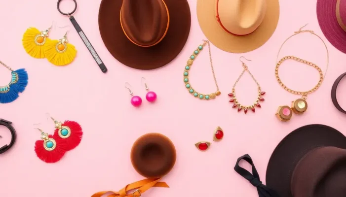 Collage of colorful bold fashion accessories like earrings, necklaces, belts, and hats on a pastel background.