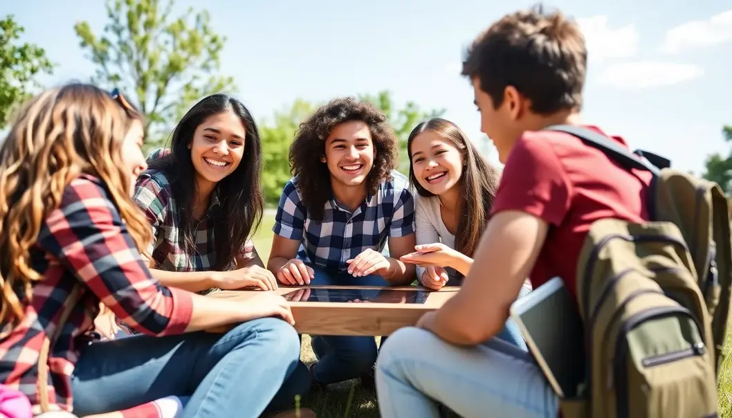 Teens enjoying outdoor games, practicing screen balance.