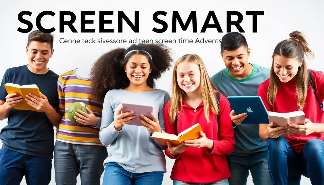 Teenagers participating in sports, reading, and using devices, showcasing a balanced lifestyle.
