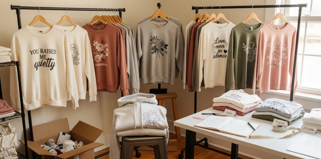 A quiet, home-based print studio with a warm, lived-in feel. Several wooden and metal garment racks line the walls, filled with soft-toned sweatshirts, hoodies, and tees in neutral colors like cream, dusty rose, heather gray, and faded olive. Unlike a busy retail store, the space is modest and intimate. Each rack holds only a few pieces, spaced out intentionally, as if each shirt has its own story. Some shirts feature emotional text like “You raised me quietly” or “Love, even in silence.” A couple of designs include soft florals or mother–child sketches. A folded stack of blank garments rests on a nearby table, next to a sketchpad, a measuring tape, and handwritten notes with customer names.