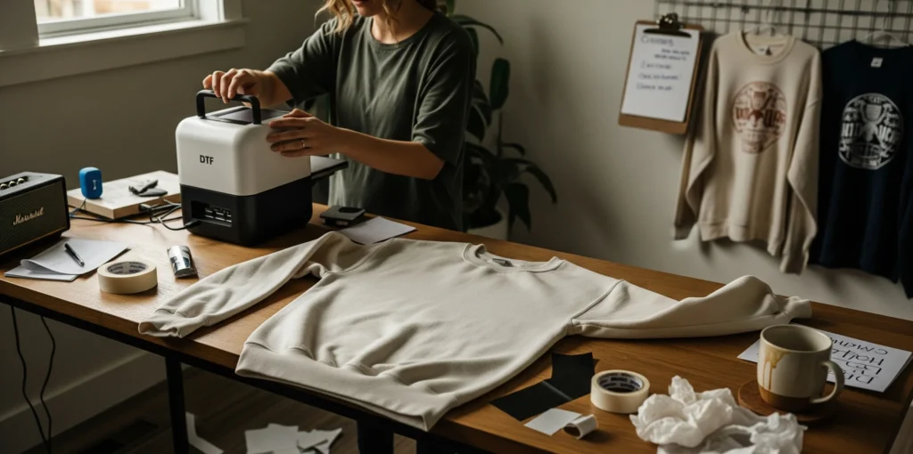 A candid behind-the-scenes scene inside a small home-based print studio, captured in soft late-afternoon natural light. A cream-colored blank sweatshirt is casually laid out on a slightly cluttered wooden worktable. One sleeve is uneven, and next to it are scraps of heat transfer film, a half-used roll of tape, wrinkled parchment paper, and a warm ceramic mug with a tea stain.