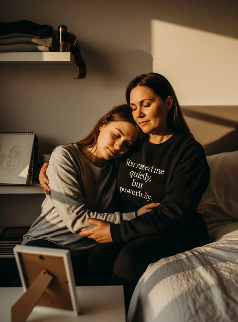 Inside a quiet bedroom with natural afternoon light, a vertical frame captures a tender moment between a mother and her grown daughter. They are standing in an embrace. The mother’s eyes are gently closed, her face pressed against her daughter’s temple. Her arms hold tight, not dramatically, but with all the quiet strength of someone who’s held on through years of love and silence. The mother is wearing a dark sweatshirt that reads, in small, serif letters: “You raised me quietly, but powerfully.” The phrase is partly visible, tucked just beneath where their bodies meet. The daughter’s hands are resting on her mother’s back, one thumb softly brushing the fabric. No one is smiling. But there is comfort. And memory.